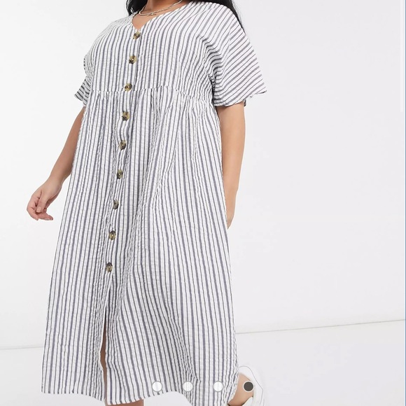 ASOS DESIGN Curve button through smock midi dress in stripe - Picture 2 of 6